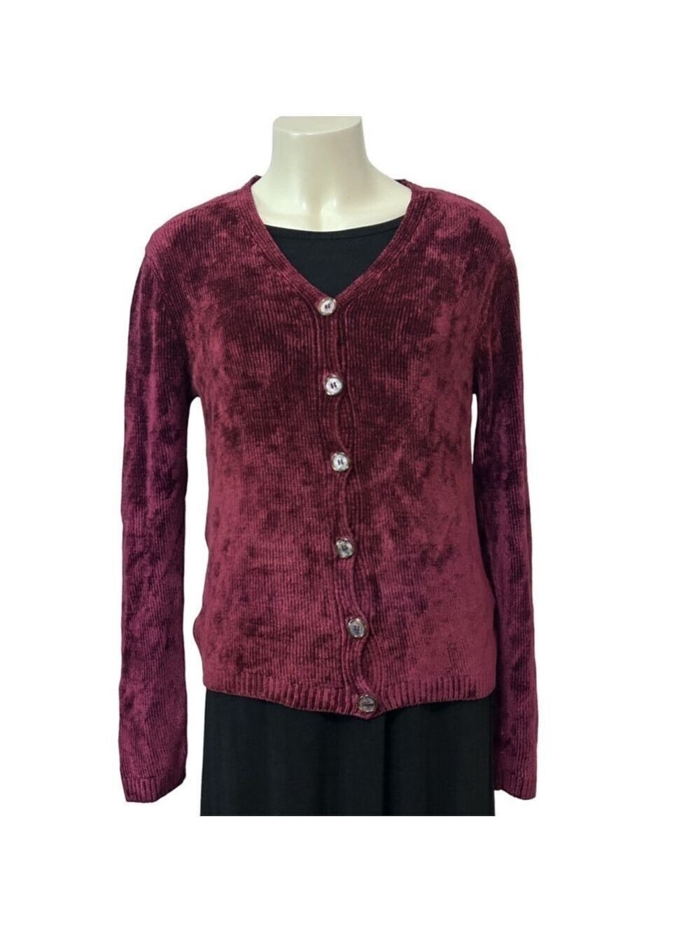 CP Shades Burgundy Velvet Ribbed Button Cardigan Women’s S Rayon